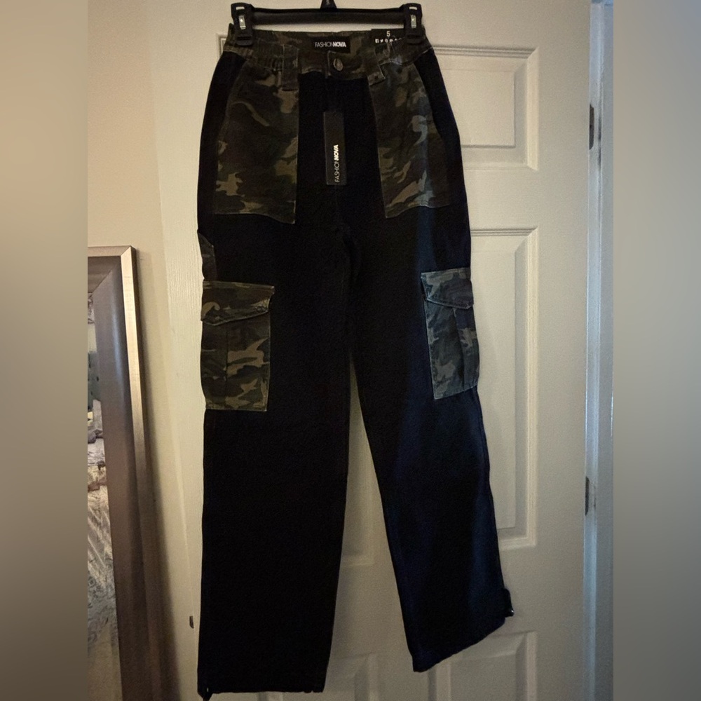 Fashion Nova Black and Camouflage Flare Jeans